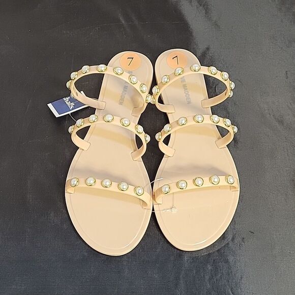 STEVE MADDEN WOMEN"S  ROUND PEARL EMBROIDERY EMBELLISHMENTS FLAT SANDAL - Picture 2 of 12